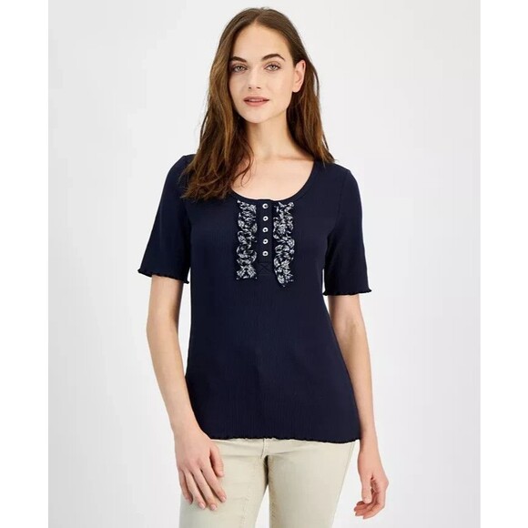 Nautica Jeans Women’s Ribbed Short-Sleeve Top, Navy, M - Picture 1 of 3